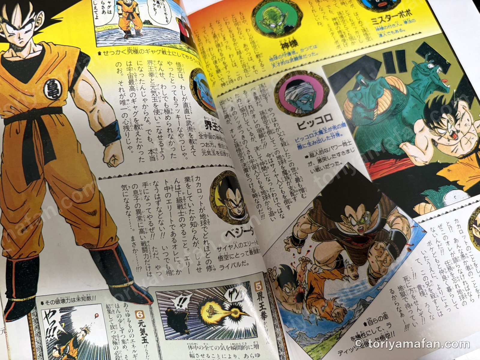 キャラクター紹介のページ。悟空、ベジータ、ピッコロ、ラディッツとの戦いの場面