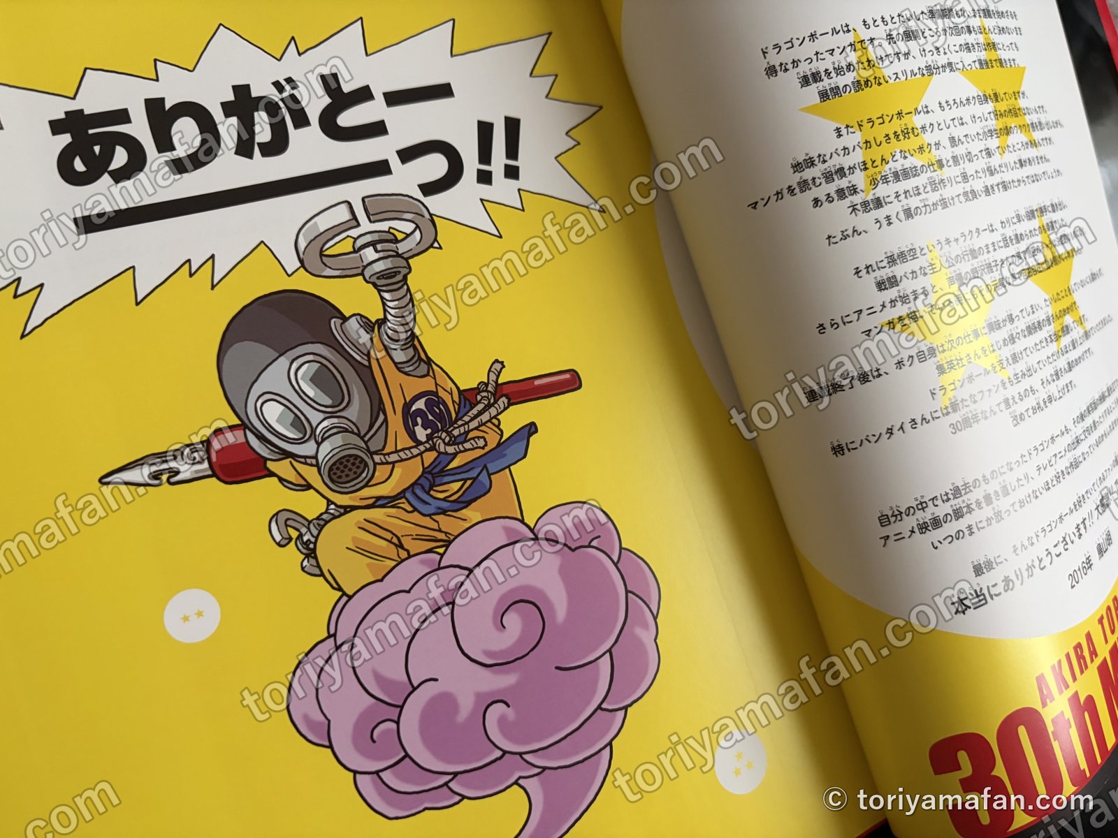 AKIRA TORIYAMA 30th MESSAGE のページ。左に筋斗雲に乗った自画像、右に文章