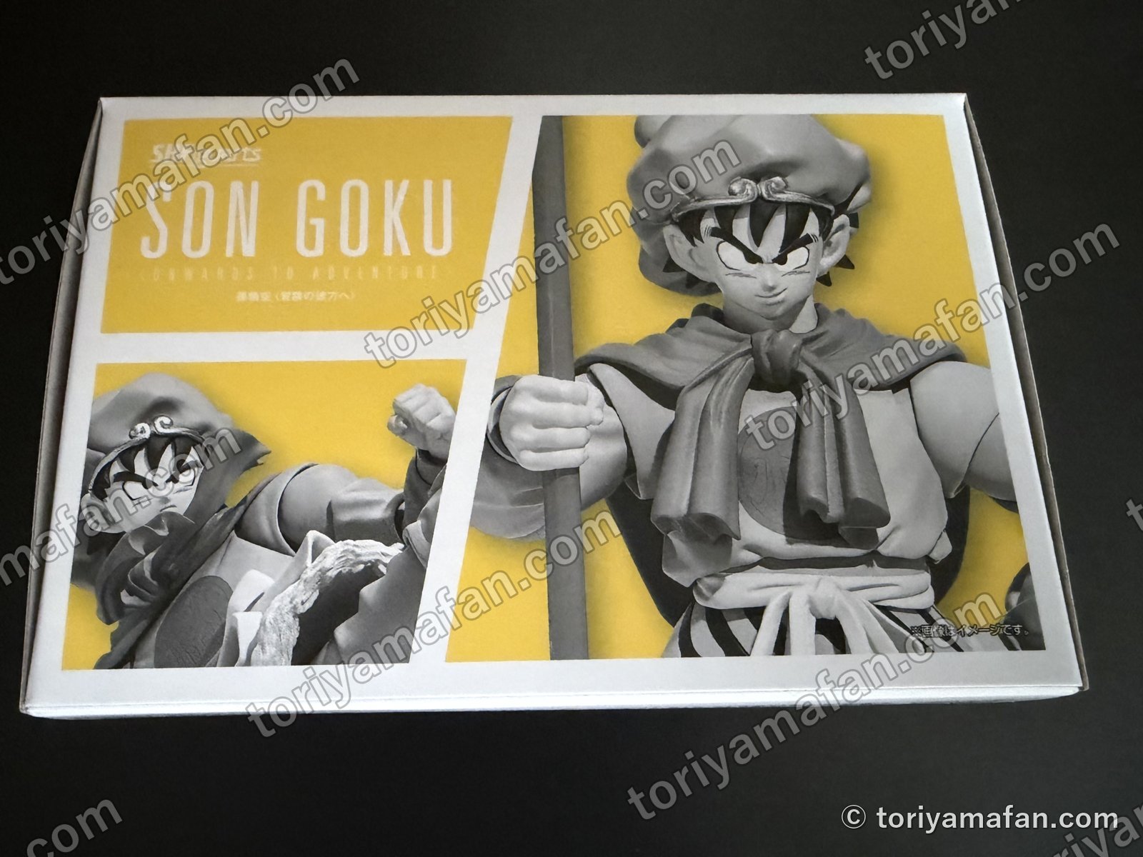 外箱の上面。SON GOKUの文字と白黒のフィギュアの写真