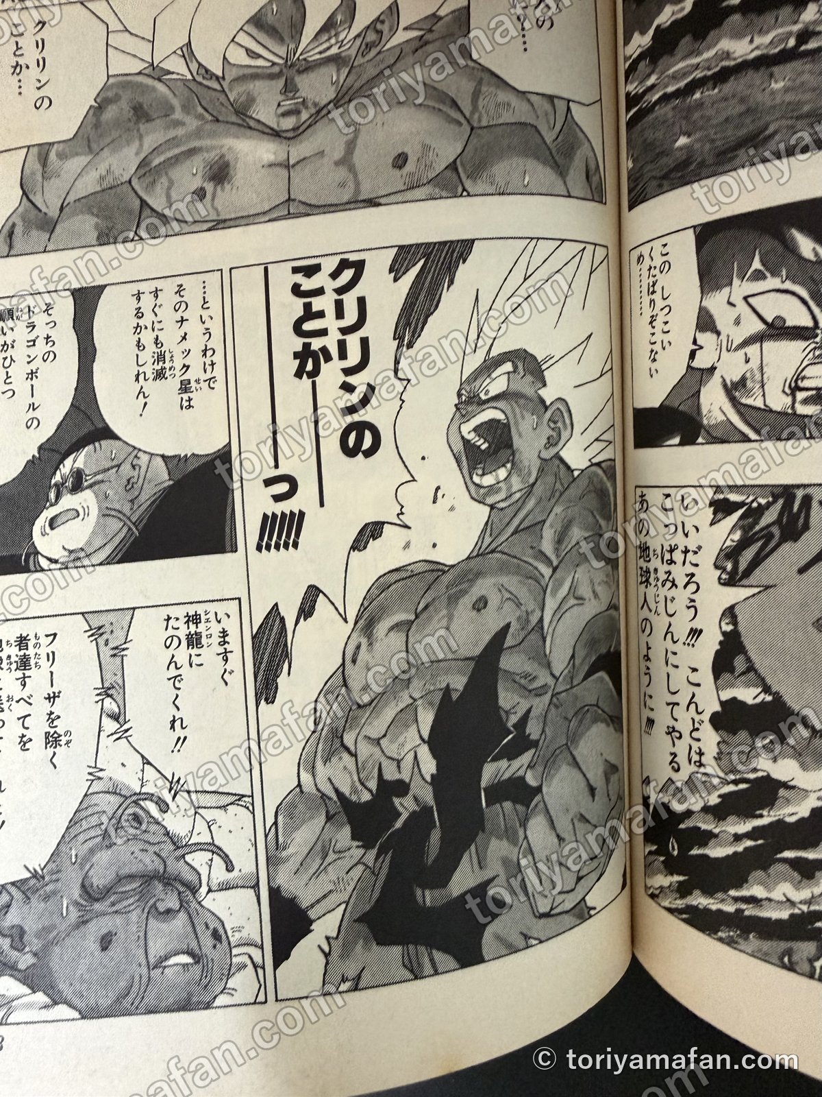 原作漫画のページ。「クリリンのことかーーっ!!!!!」と叫ぶ悟空のコマ